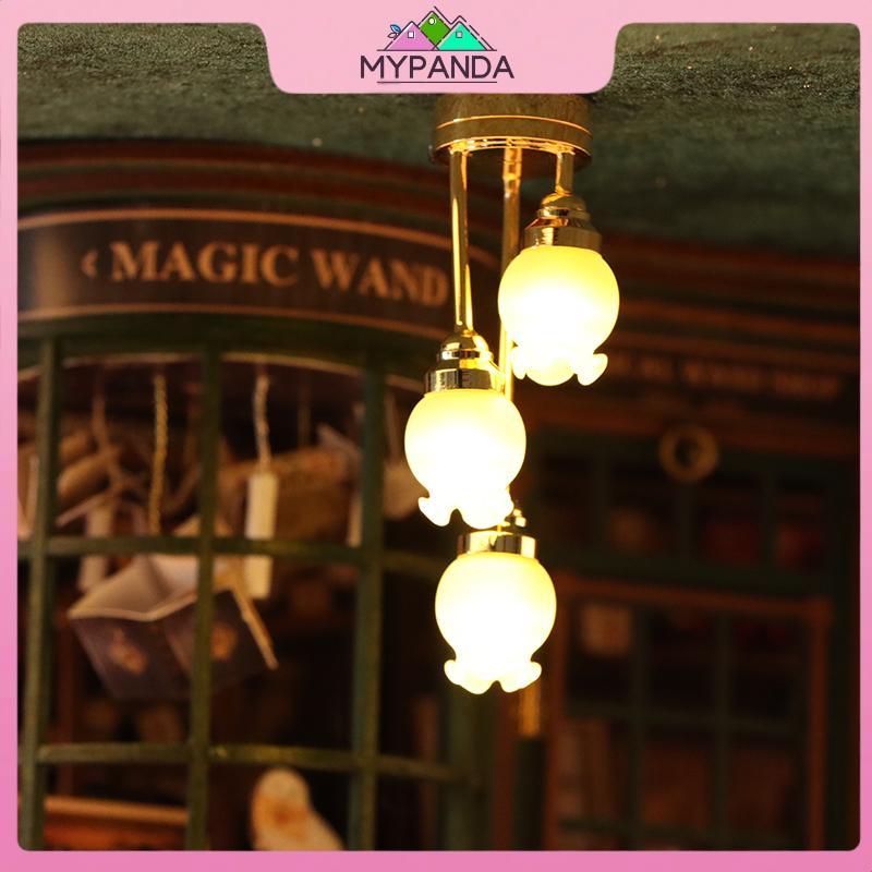 MYPANDA 1: 12 Nhà búp bê Đèn chùm LED thu nhỏ Đèn trần Bud 3 đầu Búp bê Nhà phòng khách Đồ chơi tran