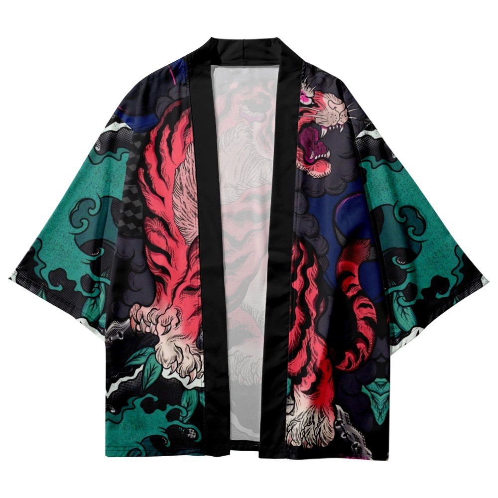 Nam Cardigan Haori Nhật Bản Xanh 3D Hổ In Kimono Bông Tai Kẹp Nam Đi Biển Yukata Tee