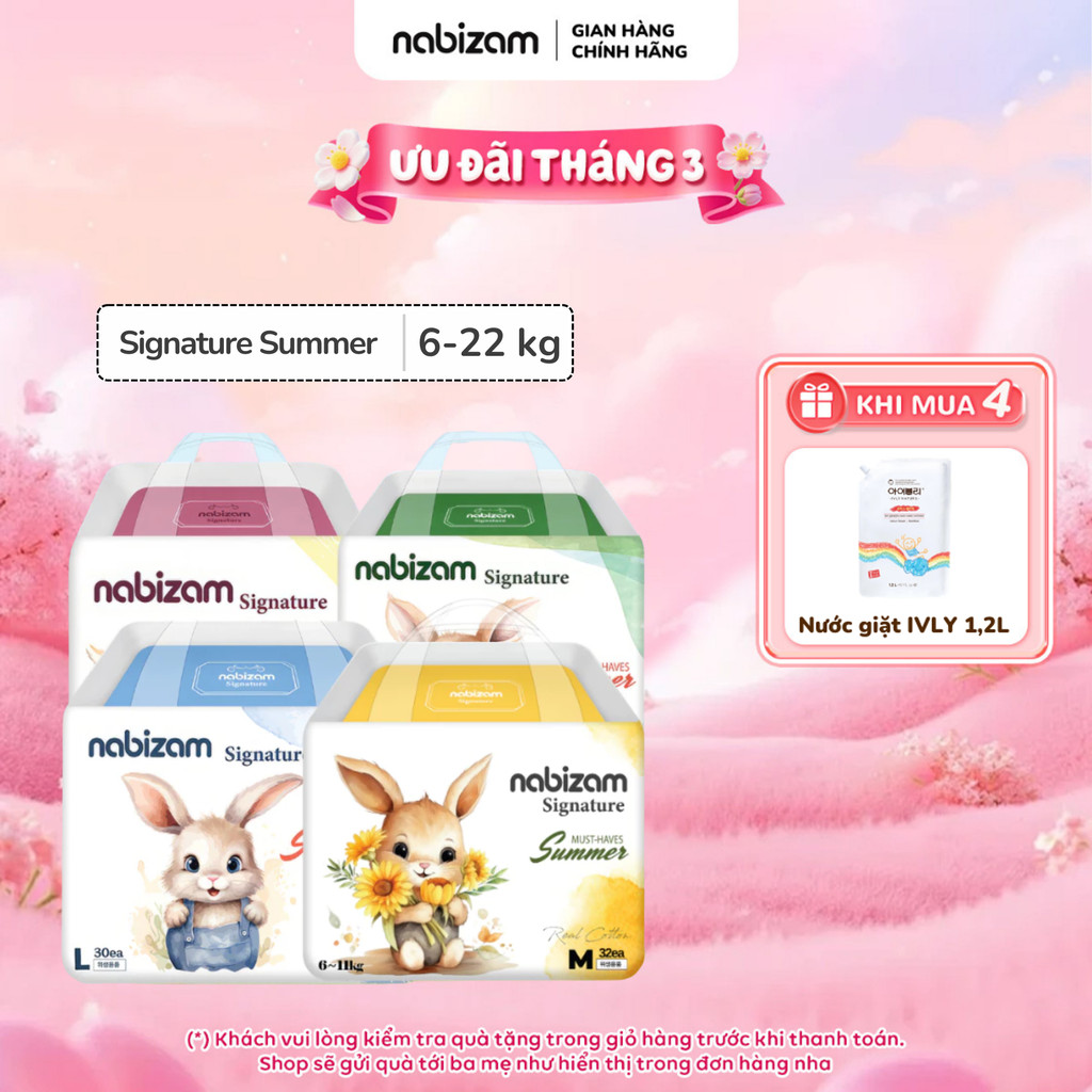 Combo 4 Bịch Tã/Bỉm Đêm NABIZAM Signature Summer Nội Địa Hàn, Mỏng Mềm, Thoáng Khí, Siêu Thấm Hút Cho Bé 8-22kg