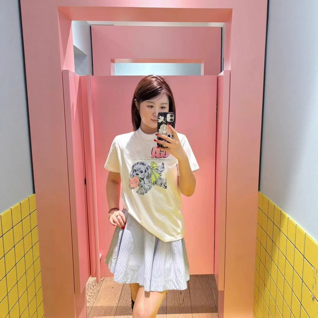 GAN* 2025 Autumn New Designer's Letter and Happy Dog Printed Round Neck Pure Cotton Loose Short-Slee