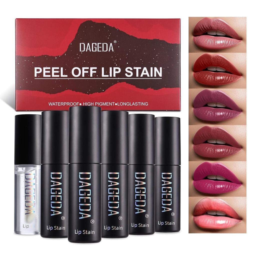 DAGEDA 5 màu Peel Off Lip Stain Set, Tattoo Lip Stain Tint với dầu dưỡng ẩm, Sắc tố cao, Chống thấm 