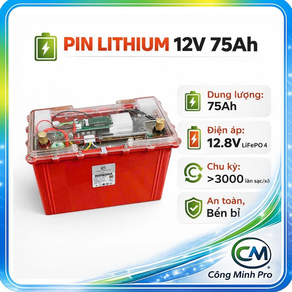 Bình Pin LiFePO4 12V 75Ah / 45Ah Lưu Trữ, Kích Inverter, Đề Nổ – BMS Cân Bằng Tự Động, Chống Nước