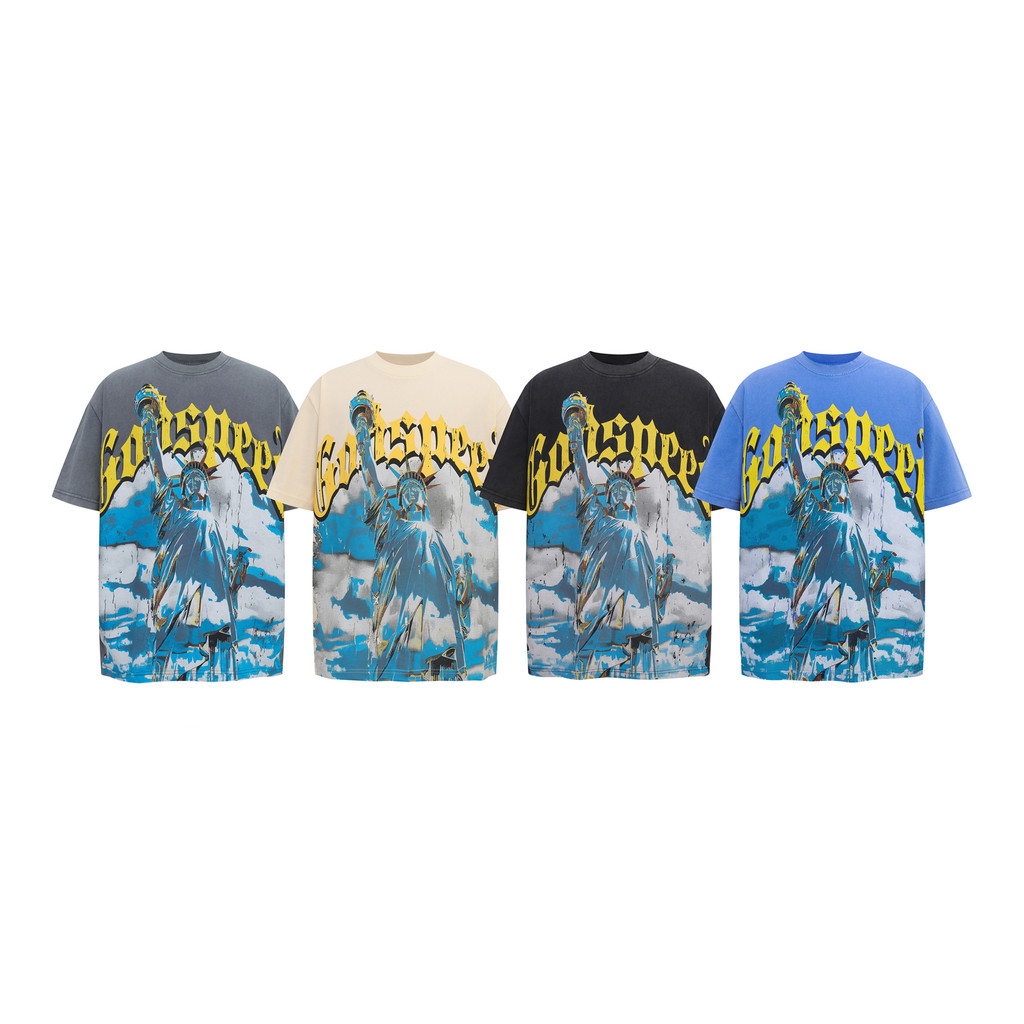 QYLQ Godspeed Statue of Liberty Print logo Youth Beauty Summer Round Neck Washed Short Sleeve T Shir