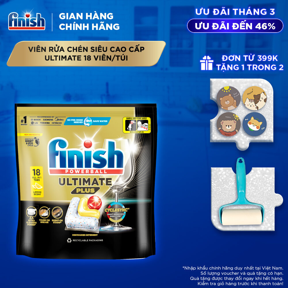 Viên Rửa Chén Bát Hương Chanh Finish Powerball Ultimate Plus Intensive Clean & Shine Lemon Sparkle 18 Viên