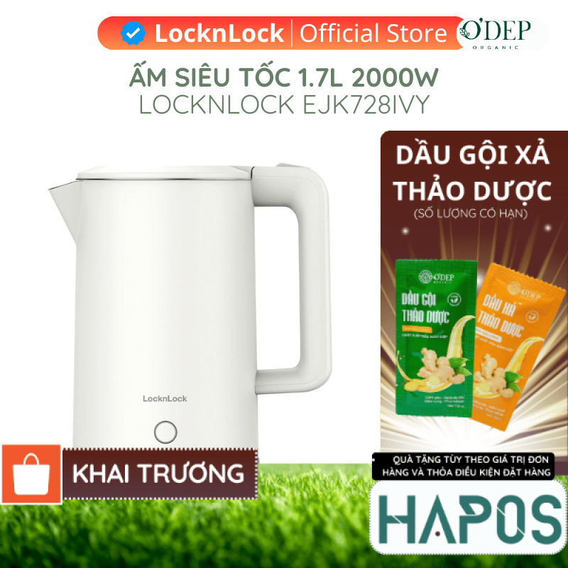 Ấm đun siêu tốc LocknLock EJK728IVY 1.7L 1850-2200W, Hàng chính hãng, Nút kéo mở nắp - HAPOS HOF