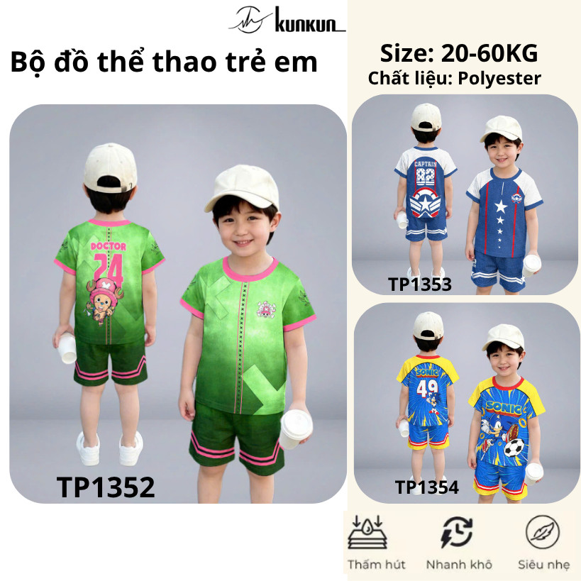 Đồ Bộ Thể Thao Bé Trai In 3D nhân vật hoạt hình Cao Cấp ,Đá Banh, Bóng Rổ TP1352-TP1354 | KunKun Kid