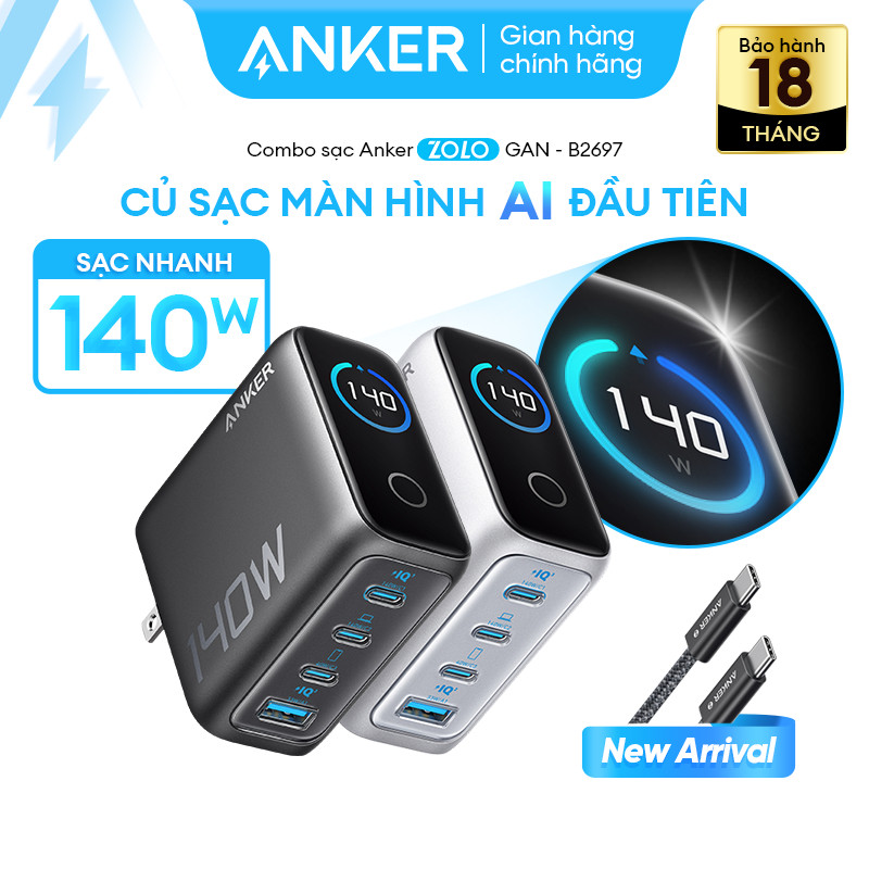 [ANKER] Bộ sạc nhanh Anker ZoLo 140W (4 cổng, GaN) sạc được cho laptop- 3 USB-C PD & 1 USB-A sạc 4 t