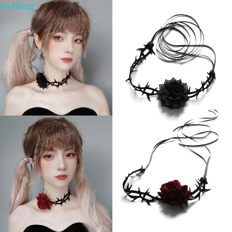Cadiling Hoa Đỏ Hoa Hồng Choker Cô Gái Gothic Gothic Gothic Gothic-Đen Ren Cổ Vòng Cổ Choker