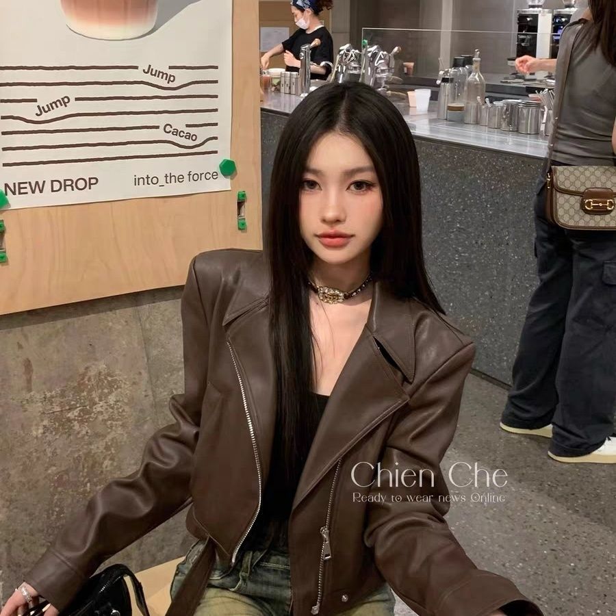 Áo khoác PU Nữ Top Ngắn Xuân Thu 2025 Áo Khoác Da Hot Girl Xe Máy Ngọt Ngào Thoáng Mát Áo Khoác Da N