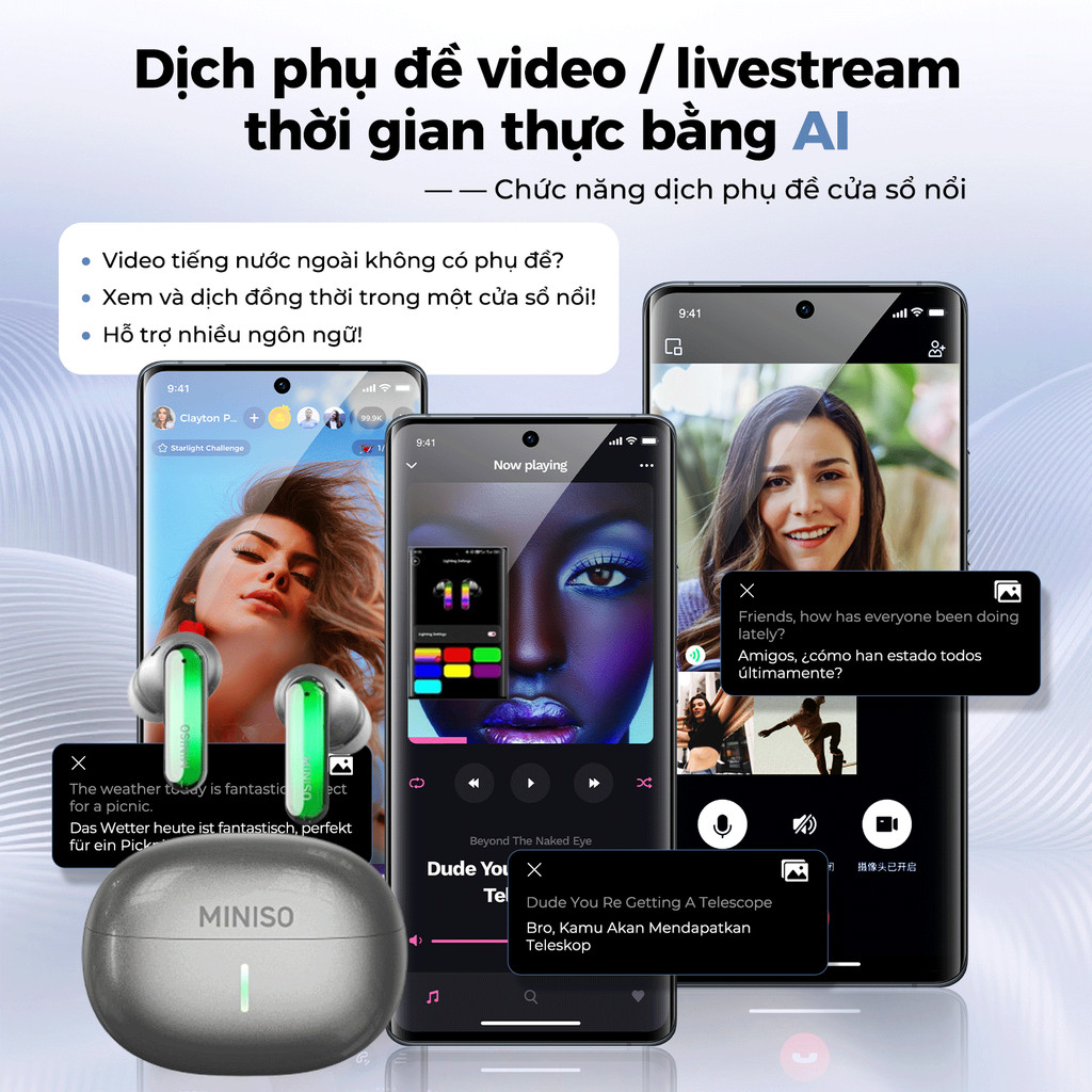 MINISO MS110 AI Tai nghe dịch thuật Video Chức năng phụ đề Bấm dài 2 giây ANC Chế độ khử tiếng ồn Tai nghe nhét tai có thể điều khiển Thiết kế dải đèn phát sáng Bluetooth 6.0 | BigBuy360 - bigbuy360.vn