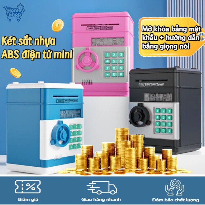 HomeyShop-Két sắt nhựa ABS điện tử mini, Ống heo tiết kiệm của trẻ em,Bảo vệ bằng mật khẩu và giọng 