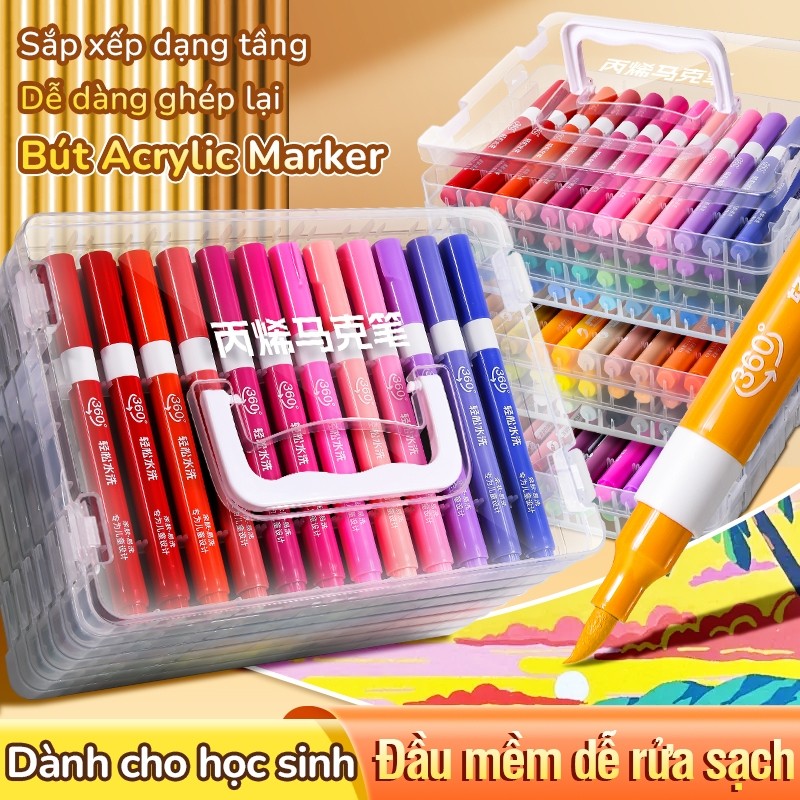 Bút Màu Acrylic Marker Ngòi Brush – Hộp 60/72/84 Màu Cao Cấp, Dễ Sử Dụng Cho Học Sinh - Bút Sơn