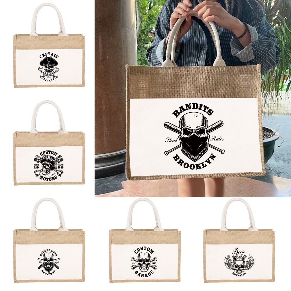 Tote bag Jute Handbag Linen Shoulder Bag Sacks Jute Shopping Pouch Tote Laminated Bags Designer Skul