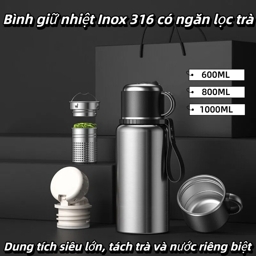 Bình Giữ Nhiệt Inox 316 Có Ngăn Lọc Trà - Giữ nóng/lạnh 48h, Bình nước thể thao 600ml/800ml/1000ml.