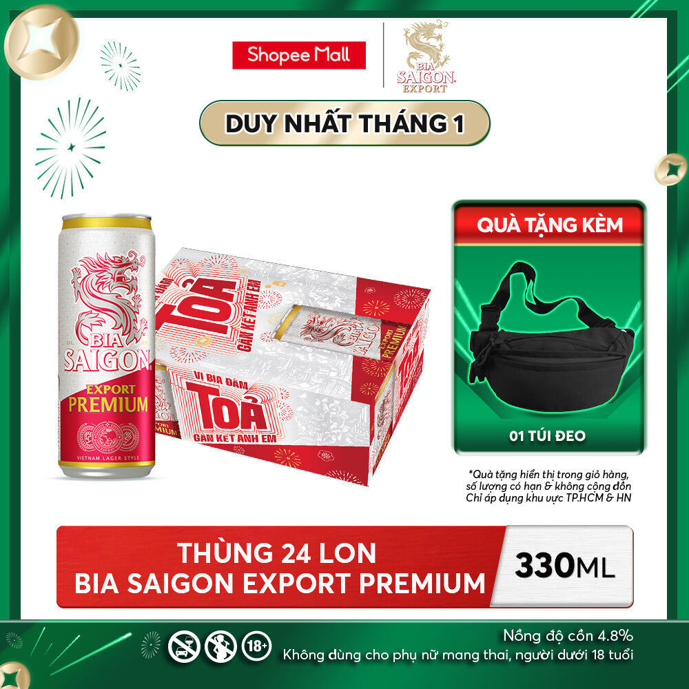 Nồng Độ Cồn 4.8% - Thùng 24 Lon Bia Sài Gòn Export Premium 330ml