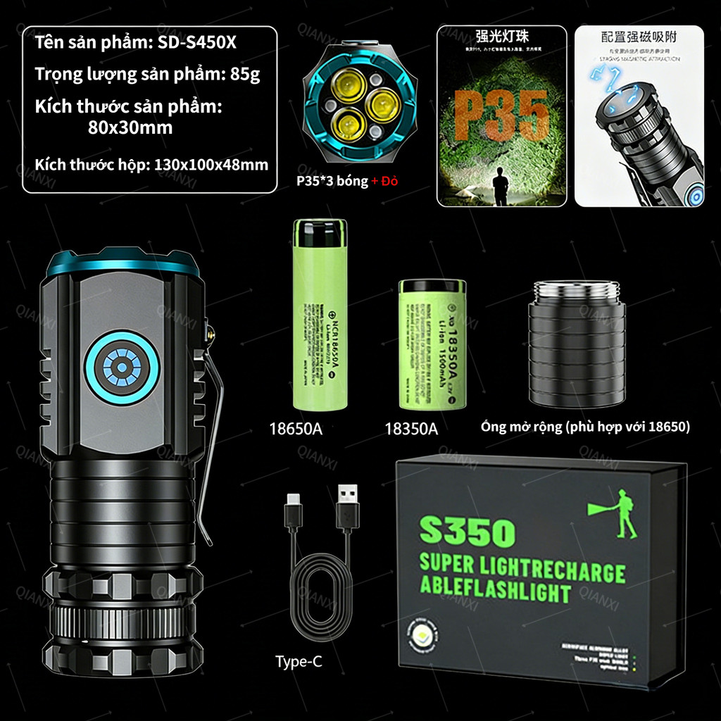 S450X Mini Bright Light Torch Super Pee xách tay USB sạc khẩn cấp ngoài trời ánh sáng sửa chữa nhà c