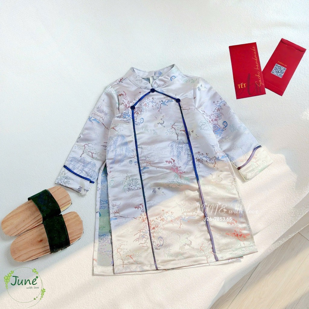 9-35kg (hàng thiết kế) Áo dài gấm xám xanh bé trai June