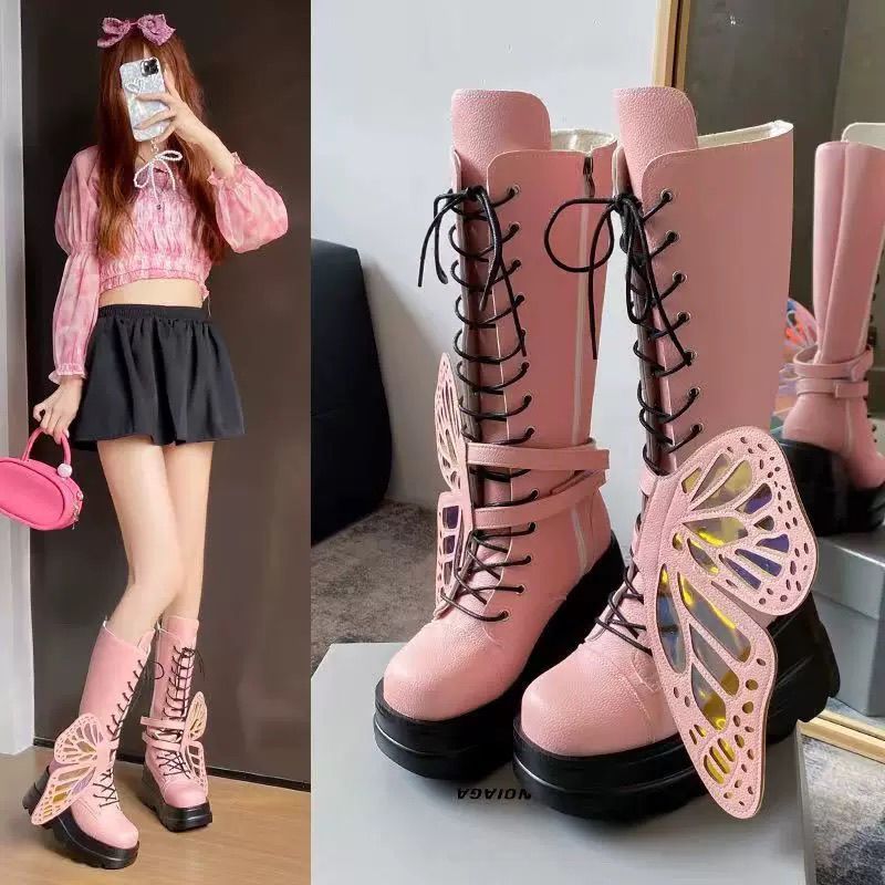 Punk Rock Wedge Boots Martin Boots Đảng Bướm Đế Dày Giày Cao Cấp Nữ Punk