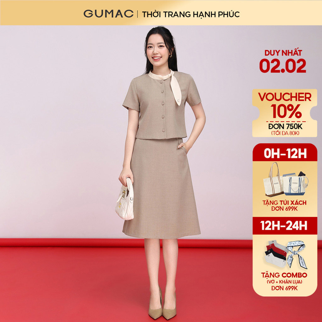 Set lẻ Áo kiểu GUMAC thêu cổ  LAF0913 - Chân váy nữ GUMAC form A  LVF0917