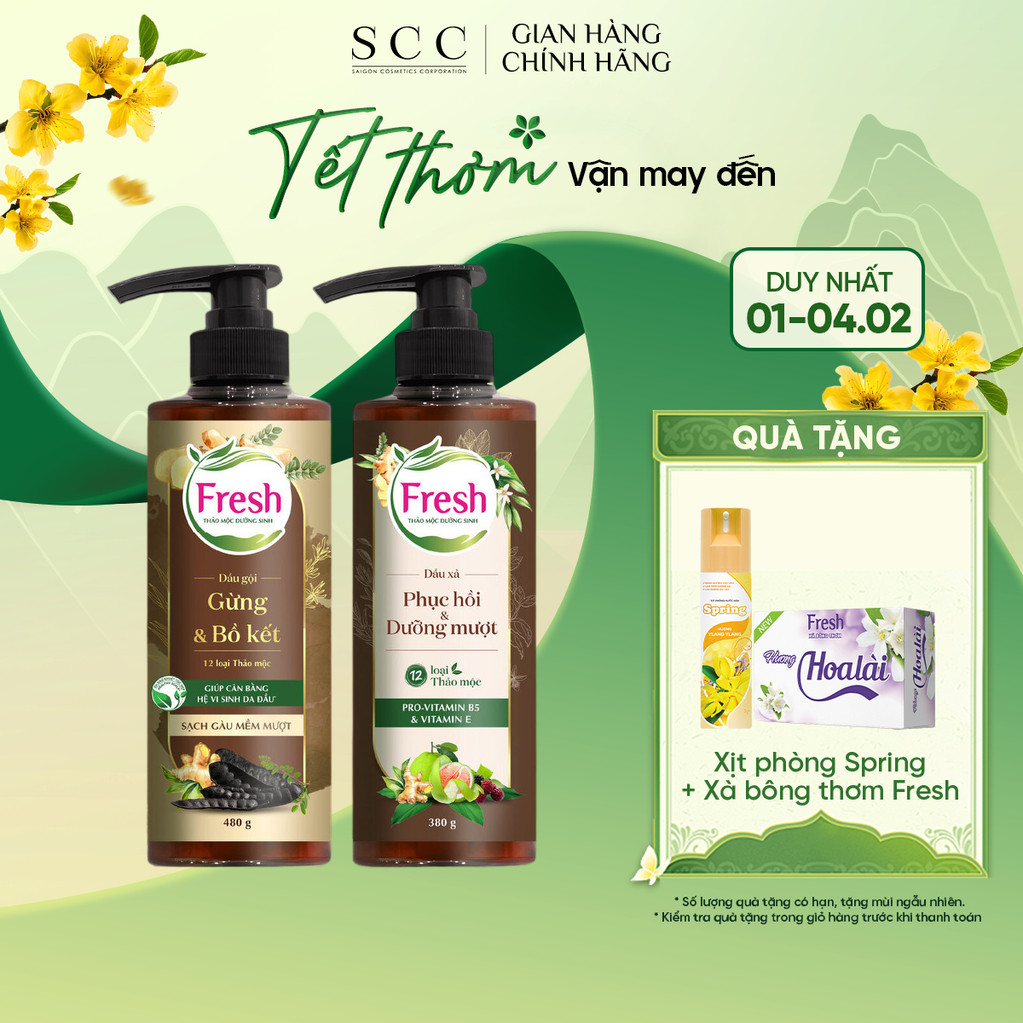 Combo Dầu Gội + Dầu Xả FRESH Thảo Mộc Dưỡng Sinh Sạch Gàu Mềm Mượt 480g + Phục Hồi Và Dưỡng Mượt 380