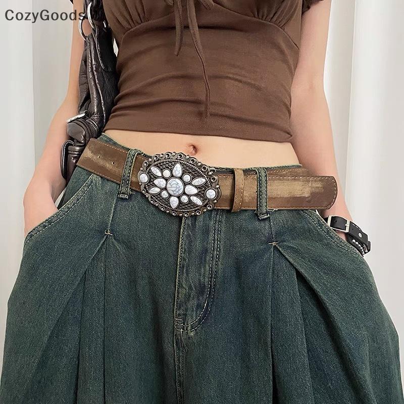 Null Vintage Đá Trắng Bule Thắt Lưng Khắc Hoa Thắt Lưng Da Nổi Boho Thắt Lưng Phương Tây Quần Jean T