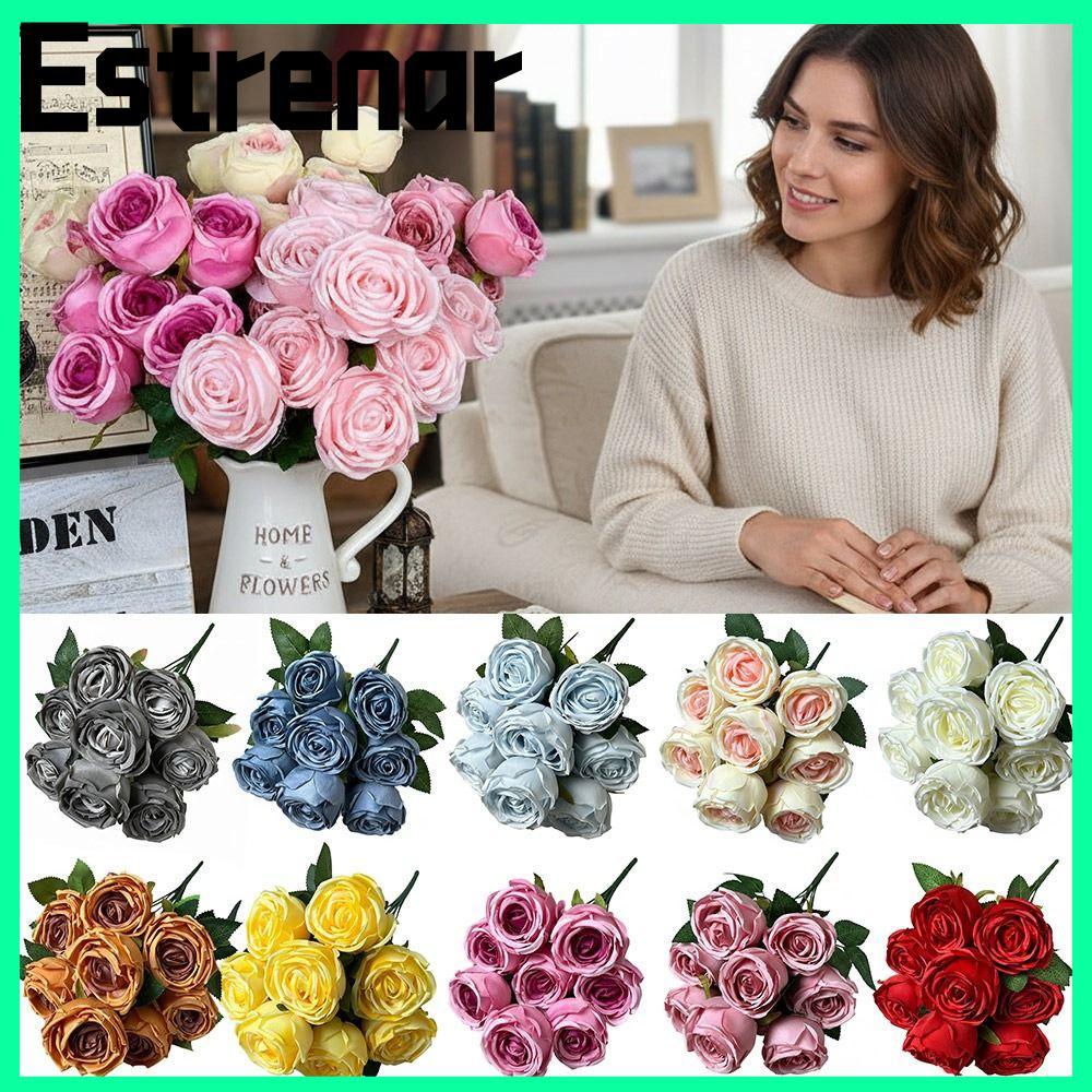 Hoa hồng nhân tạo ESTRENAR, 9 đầu Hoa hồng mô phỏng nhiều màu, Cánh hoa lụa sáng tạo Lá xanh cảnh qu