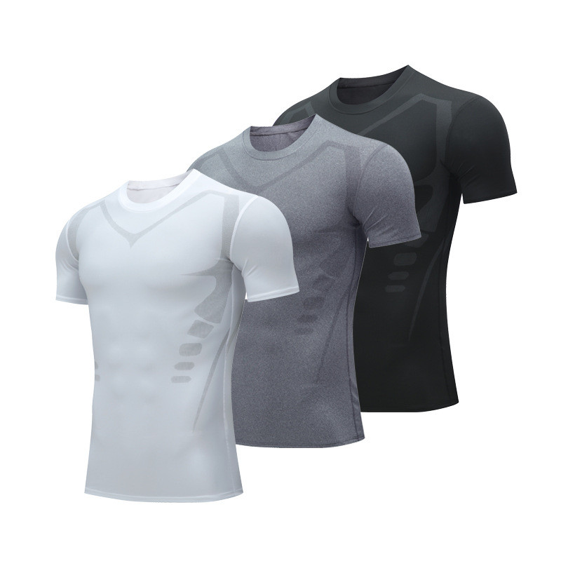 【Ready Stock】 Summer Exercise T-shirt Men's Quick-Drying High Elastic Tight Top Fitness Breathable B