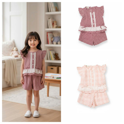 Bộ tay bèo quần đùi bé gái LITIBABY kẻ caro size 2 đến 7 tuổi