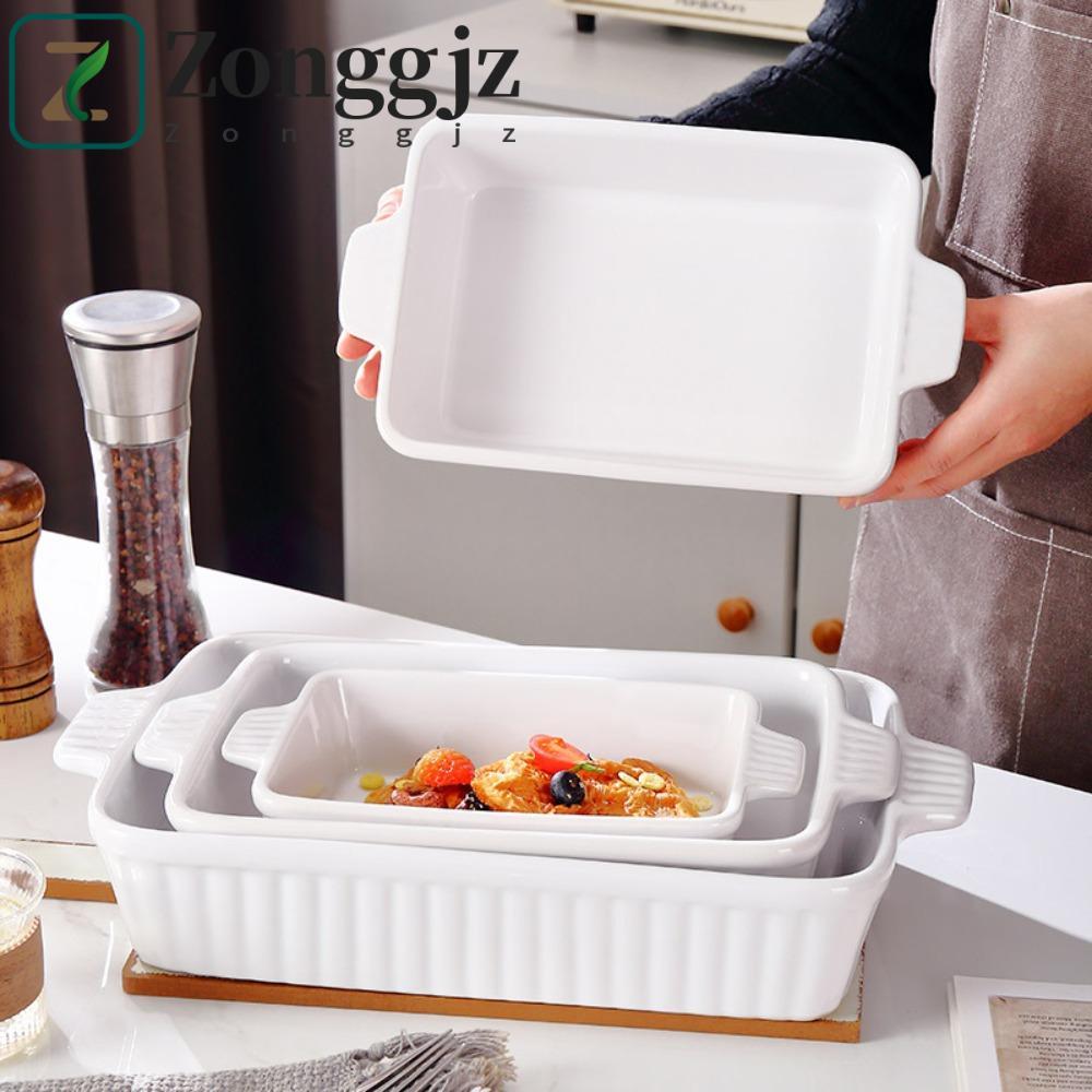 Khay nướng gốm sứ ZONGGJZ, có tay cầm Đĩa nướng bánh họa tiết sọc, Đĩa nướng hình chữ nhật Làm sâu L