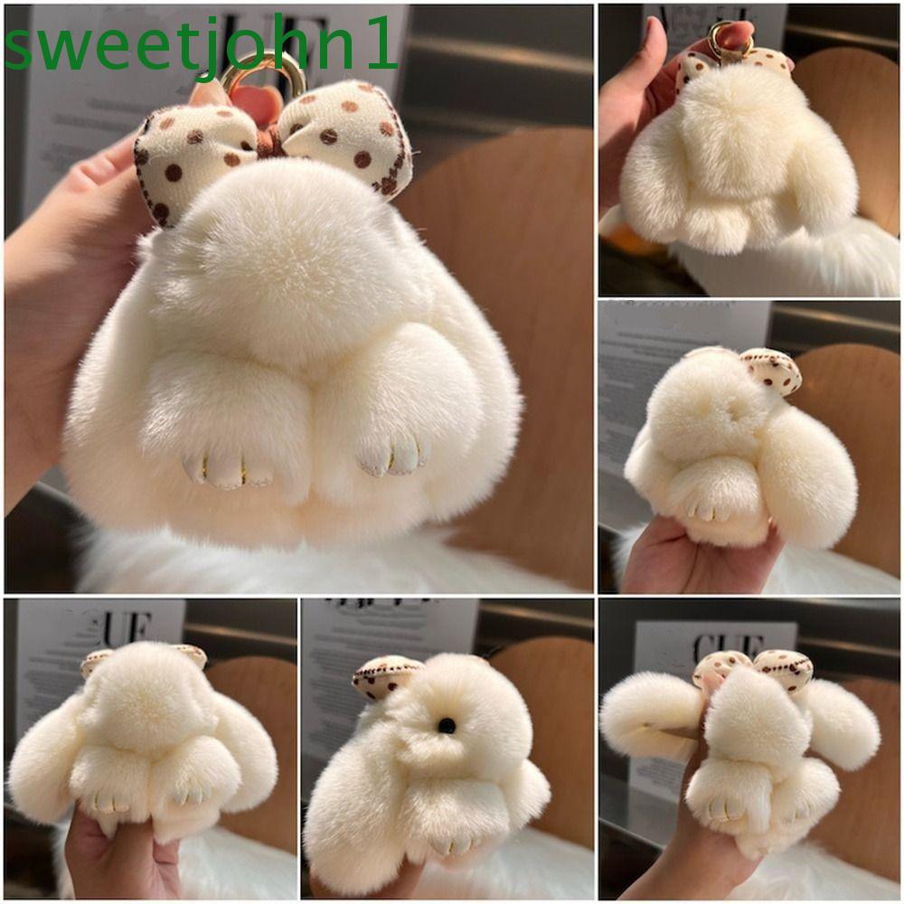 SWEETJOHN Móc khóa lông thỏ, Pompoms Móc khóa thỏ lông tơ dễ thương, Móc khóa thời trang Móc khóa hợ