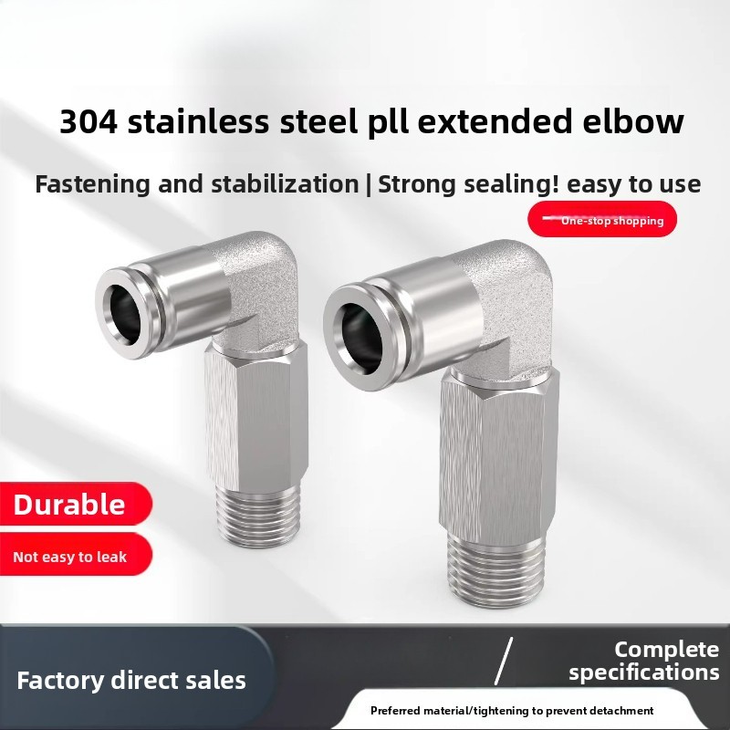 Đầu nối nhanh khí nén Inox 304 kiểu L Dài (PLL) - Cút nối hơi thân dài ren ngoài 1/8 1/4 3/8 1/2 cao