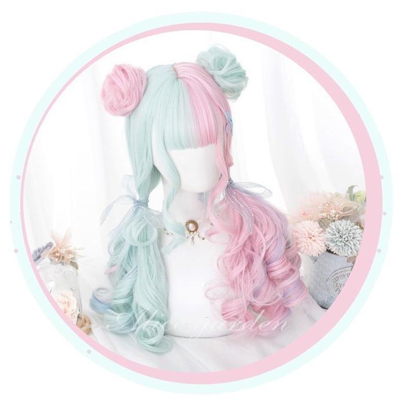 Tóc giả harajuku soft girl style, màu macaron với tóc xoăn dài