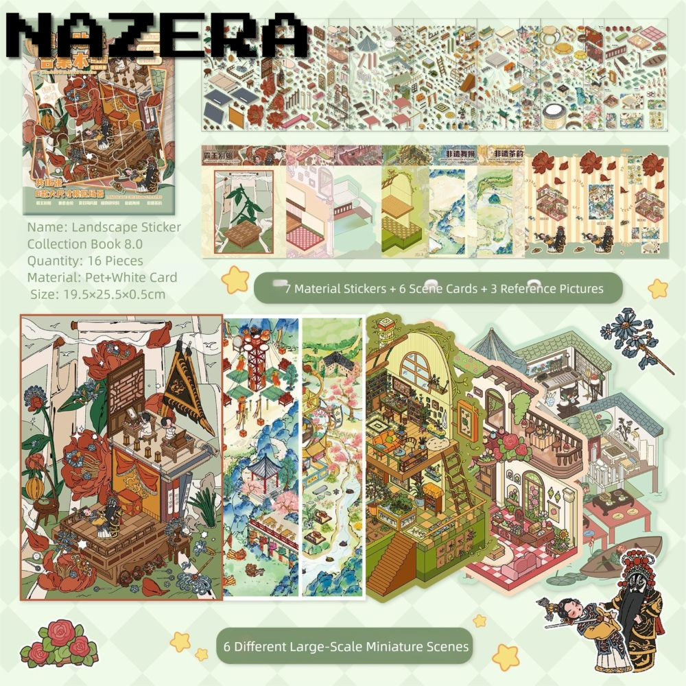 Bộ sưu tập cảnh thu nhỏ NAZERA, Phim hoạt hình PET Phong cảnh Sticker Book, Retro DIY Visual Stackin