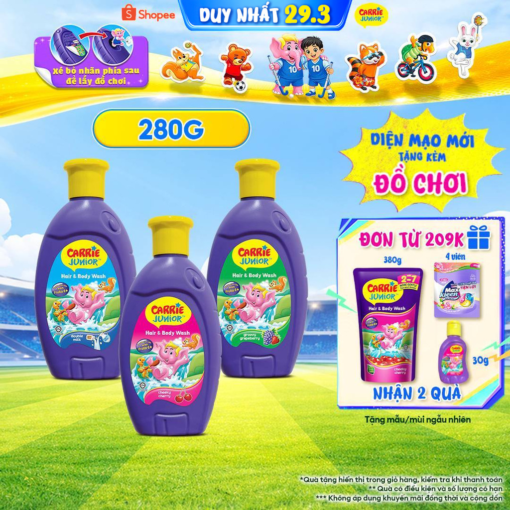 Chai Sữa Tắm Gội cho bé Carrie Junior hương trái cây thiên nhiên 280g