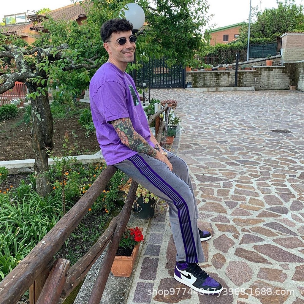 KUAX Needles Embroidered ribbon striped buttoned velvet casual loose-fit sports straight-leg trouser