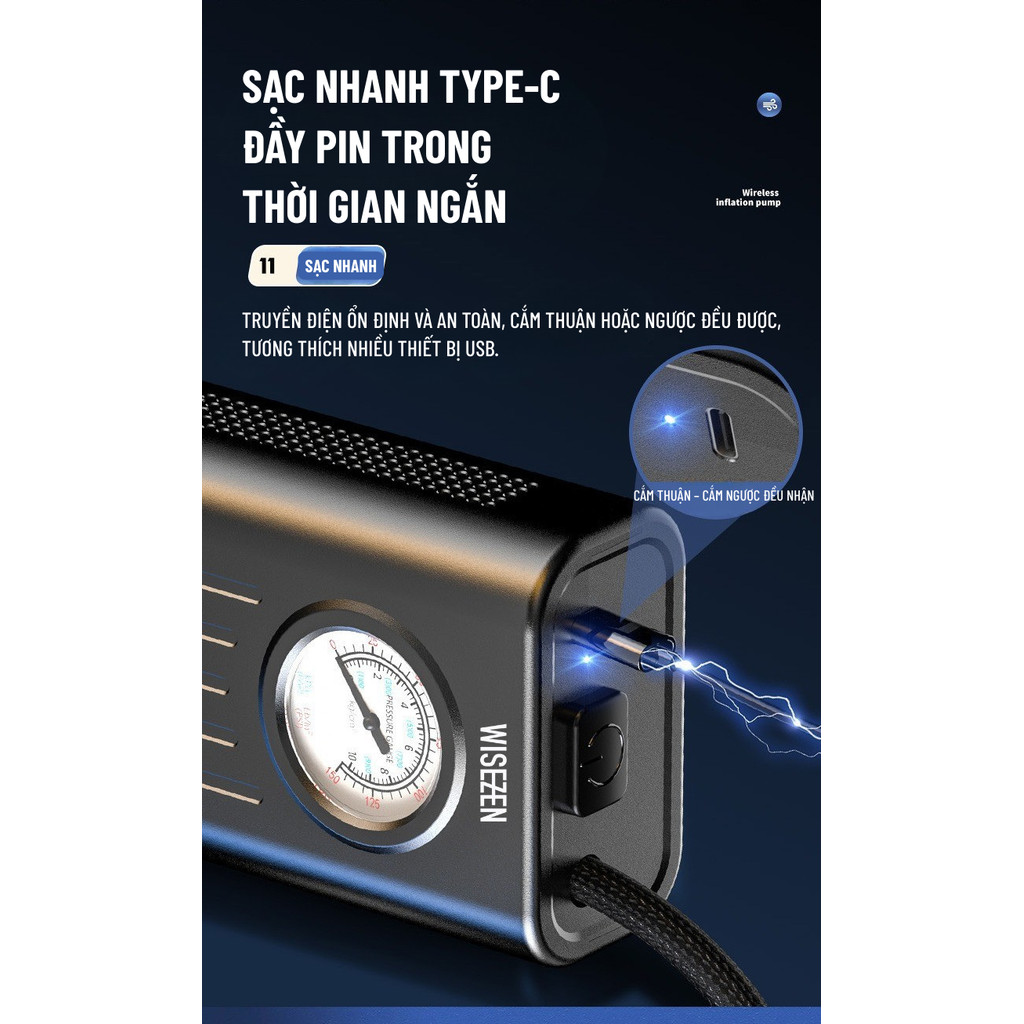 Bơm Lốp ô Tô Wisezen điện Xe Máy đạp Bóng Không Dây Cầm Tay Theo Dõi áp Suất Lốp Bảo Hành 24 Tháng | BigBuy360 - bigbuy360.vn