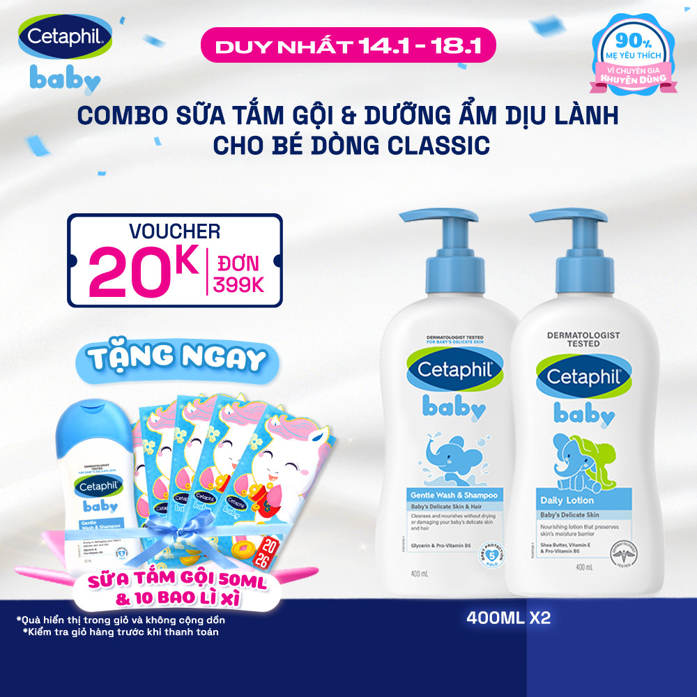 Combo Sữa tắm gội Cetaphil Baby Gentle Wash&Shampoo + Sữa dưỡng ẩm Cetaphil Baby Lotion 400ml/ chai