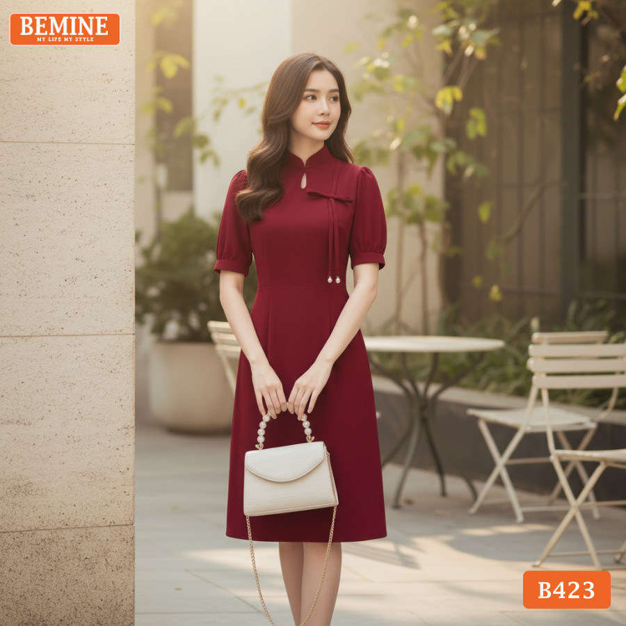 Đầm thiết kế BEMINE cổ tàu khoét giọt nước dáng chữ A phù hợp đi chơi-B423