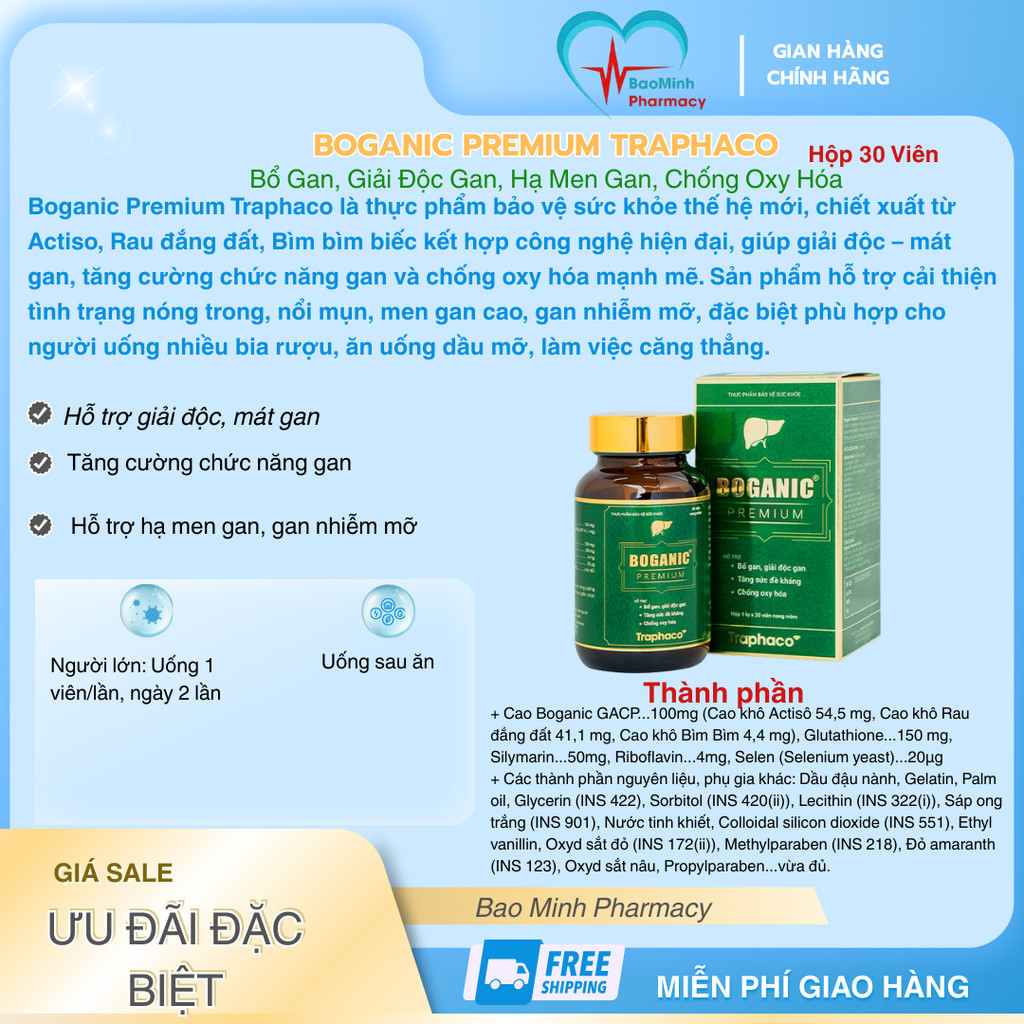 Boganic Premium Traphaco Bổ Gan, Giải Độc Gan, Hạ Men Gan, Chống Oxy Hóa (30 Viên)