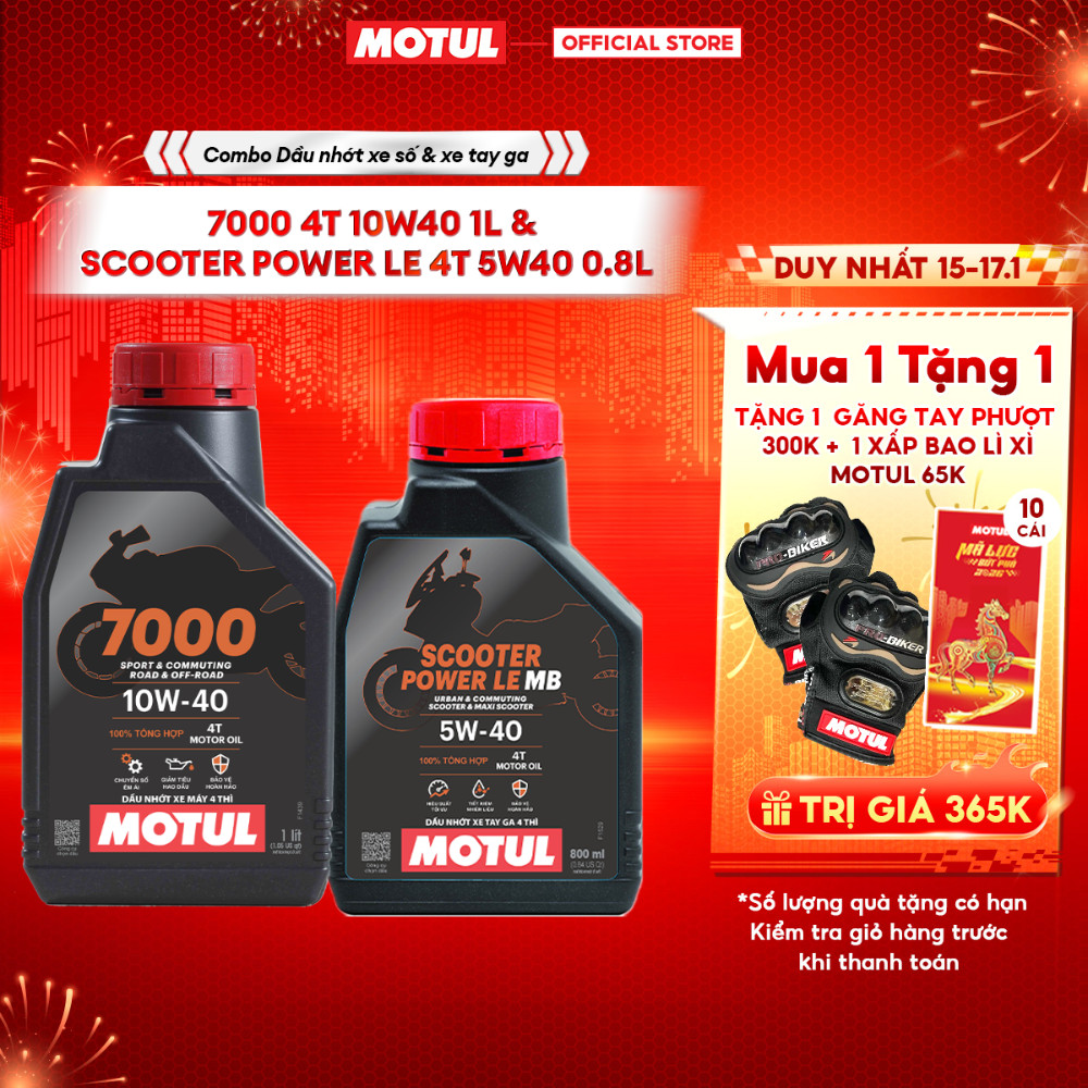 Combo Dầu nhớt xe máy MOTUL 7000 4T 10W40 1L và xe tay ga Scooter Power LE 4T 5W40 0.8L