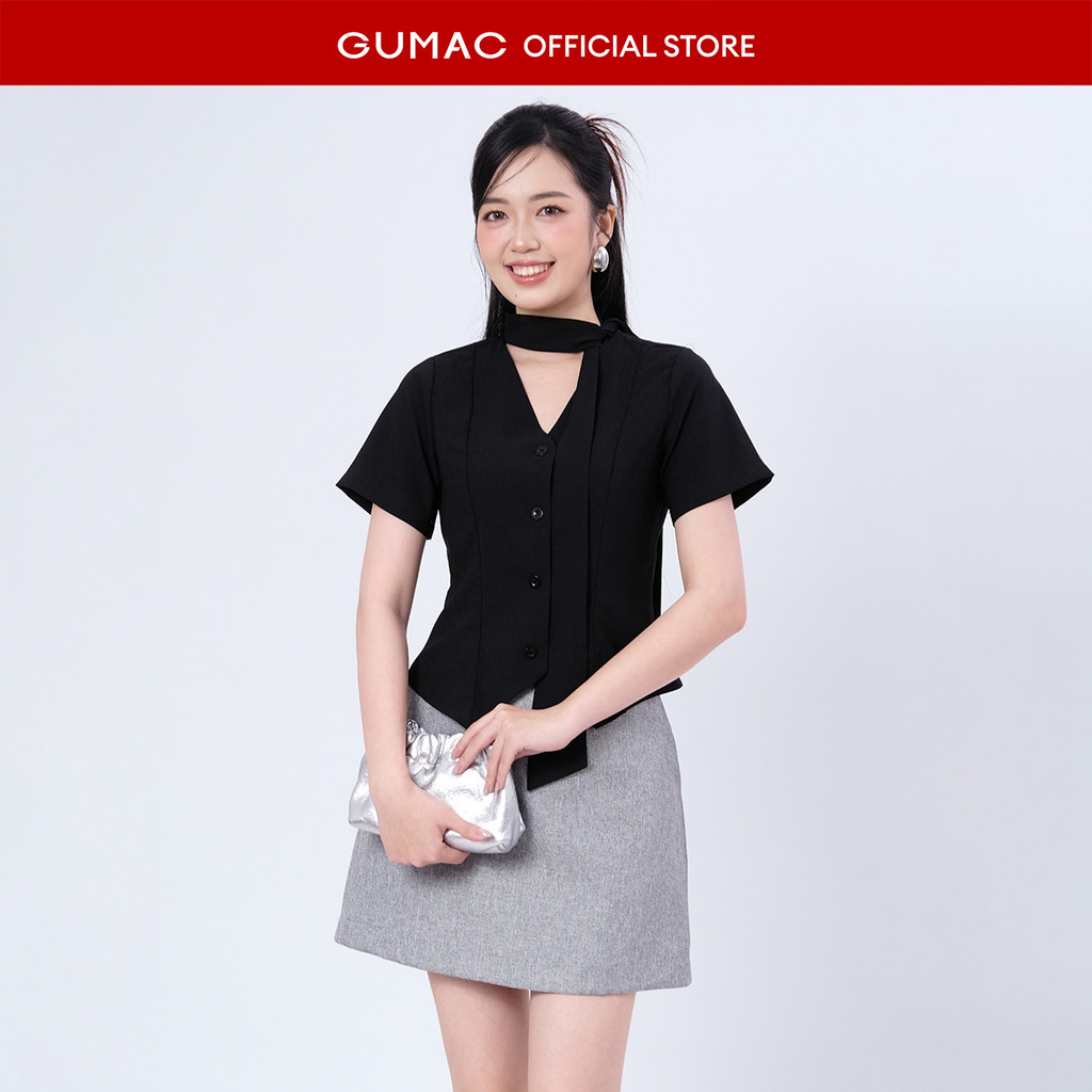[NEW] Áo kiểu nữ cổ cách điệu đính nút đồng màu thời trang GUMAC AF12019