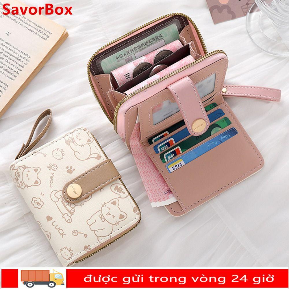 Ví ngắn SAVORBOX, Hộp đựng thẻ ID mèo dễ thương bằng da PU, Ví nữ nhẹ dung tích lớn