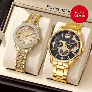 Vàng 2 Cái / bộ Đồng Hồ Cặp Đôi Thời Trang Sang Trọng Kim Cương Giả Nữ Đồng Hồ Thạch Anh Nam Mặt Số Tiếng Ả Rập Đồng Hồ Đeo Tay (Không Có Hộp)
