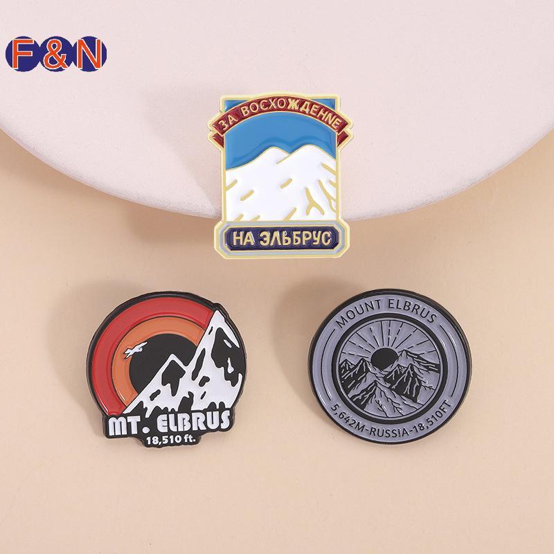 F&N Nga Elbrus Viền Gắn Men, Thổ Cẩm Cảnh Bình Minh Núi Tuyết, Bapa V enamel Pin Badges Trang Sức Du