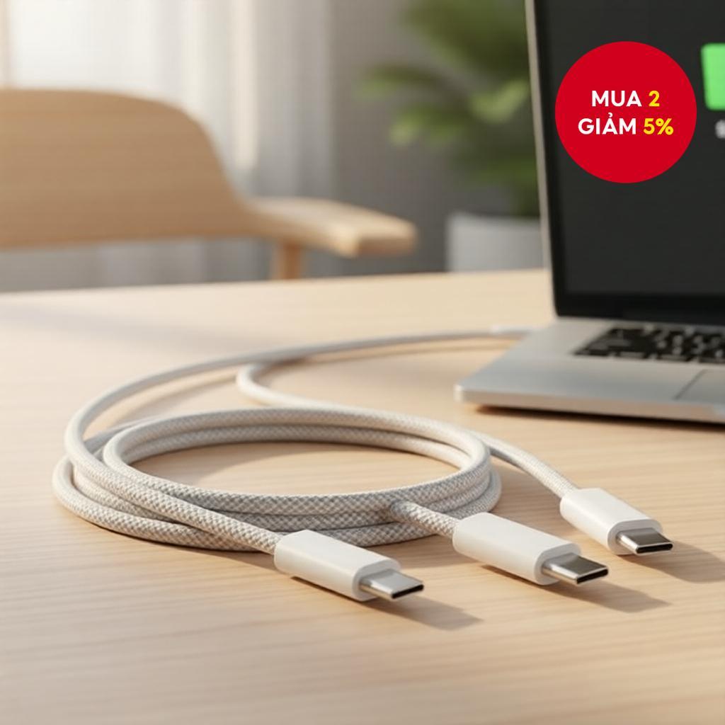 Cáp sạc nhanh Type-C to Type-C PD cho Phone15/17promax và điện thoại Android, bện, dài 1M, màu xám.