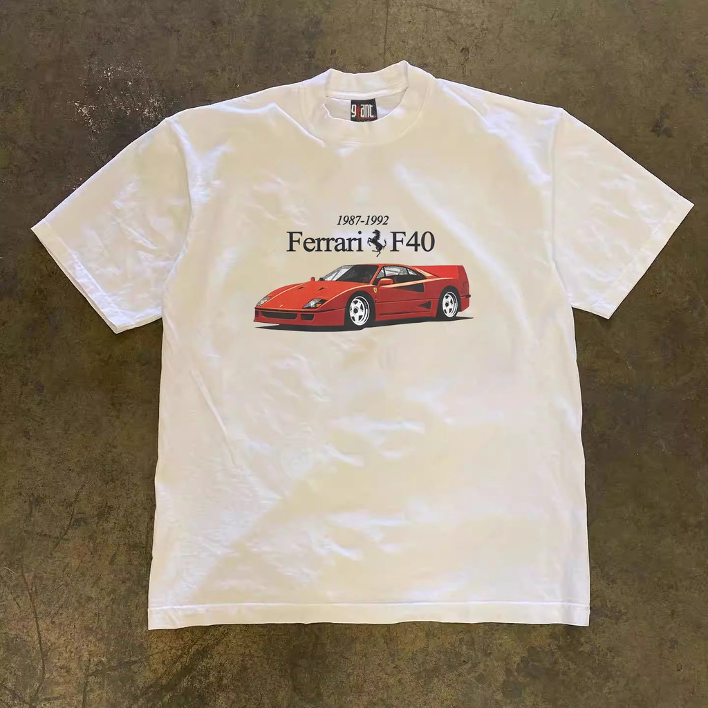 F1 racing short-sleeved shirt, heavyweight cotton, F40 sports car print, retro street style sports T