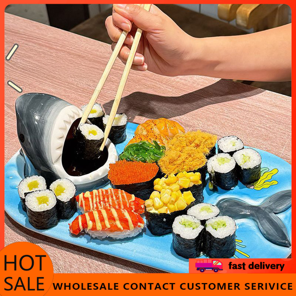 Mệt Mỏ Sushi Khay Phục Vụ Cá Mập Đĩa Sushi Thiết Kế Cá Mập Đĩa Sushi Gốm 3 Trong 1 Có Bát Sốt Đũa – 