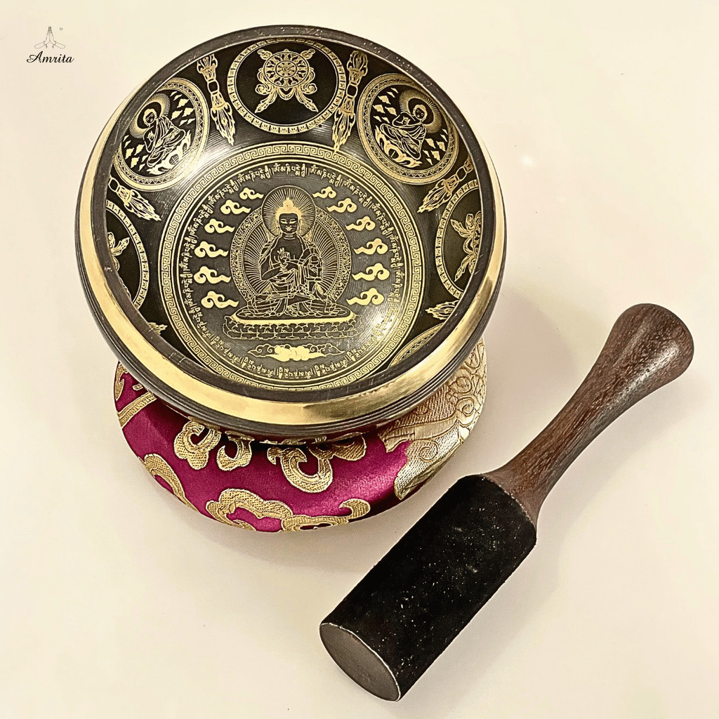 [Amrita]  Chuông xoay Nepal 13 cm Hoa Văn Dược Sư Lưu Ly Quang Vương Phật - CXNP274