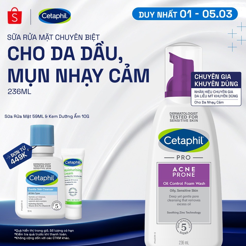 Sữa rửa mặt tạo bọt mịn dịu lành cho da dầu mụn nhạy cảm CETAPHIL PRO ACNE PRONE/OIL CONTROL FOAM WASH