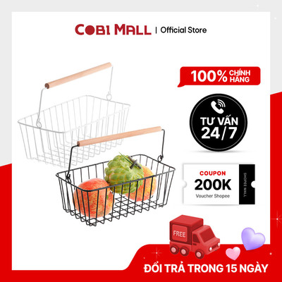 Giỏ kim loại quai xách gỗ - Màu đen - Cobi home
